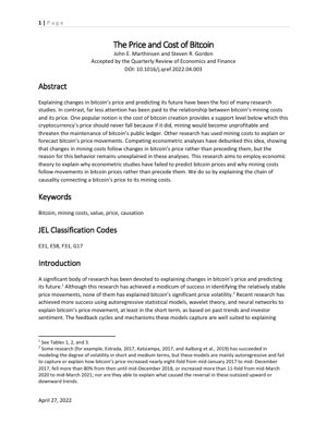 PDF Document Cover - Bitcoin Price and Mining Cost: Causality Analysis and Economic Framework